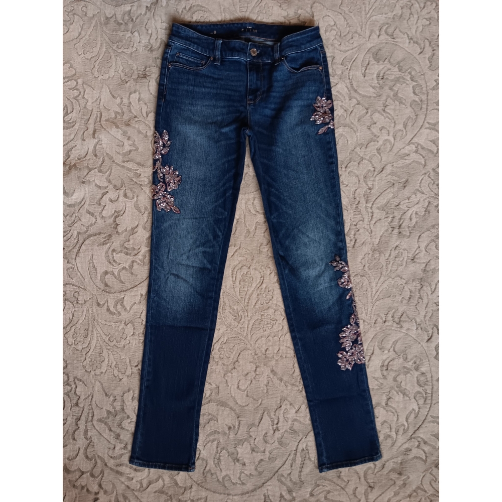 White House Black Market Blue Skinny Jeans with Floral Embroidery